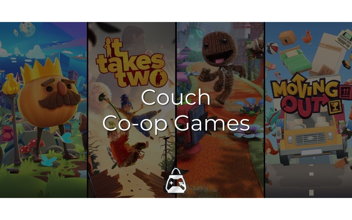 4 games (Overcooked, It Takes Two, Sackboy, Moving Out) in the background and the Best Couch Co-Op Games title in the front.